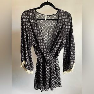 Boho Bell Sleeve Romper, Medium, Navy Blue